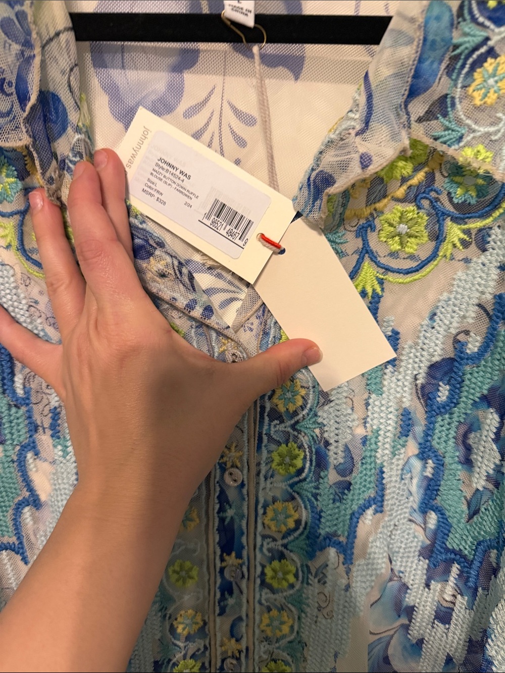 Johnny Was Sheer Blue Floral Embroidered Button-Down Shirt - Picture 3 of 10